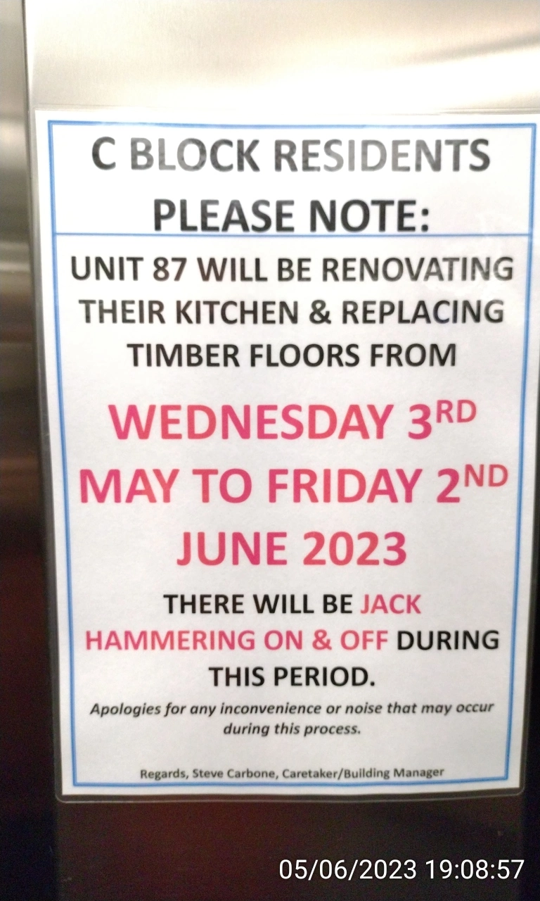 SP52948-Block-C-notice-Lot-87-replacing-timber-floor-and-kitchen-renovation-continued-after-due-date-photo-1-5Jun2023.webp