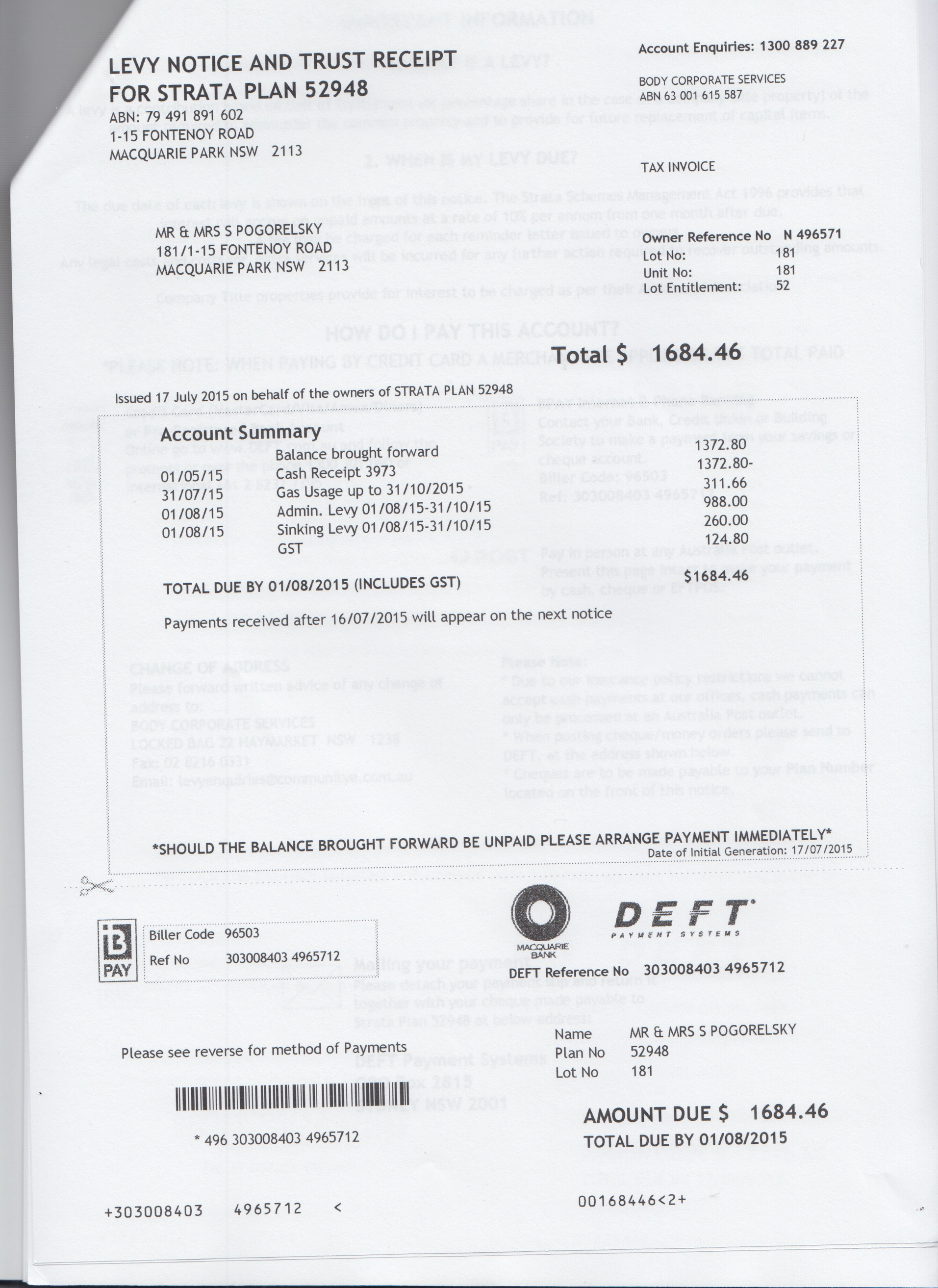 SP52948-Lot-181-Stan-Pogorelsky-reminder-about-unpaid-gas-heating-levies-for-2012-and-2013-sent-by-BCS-Strata-Management-17Jul2015