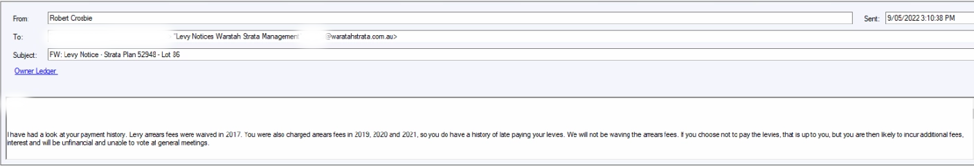 SP52948-Lot-86-levy-arrear-fees-waived-without-general-meeting-or-disclosure-to-owners-in-2017-as-per-email-dated-9May2022