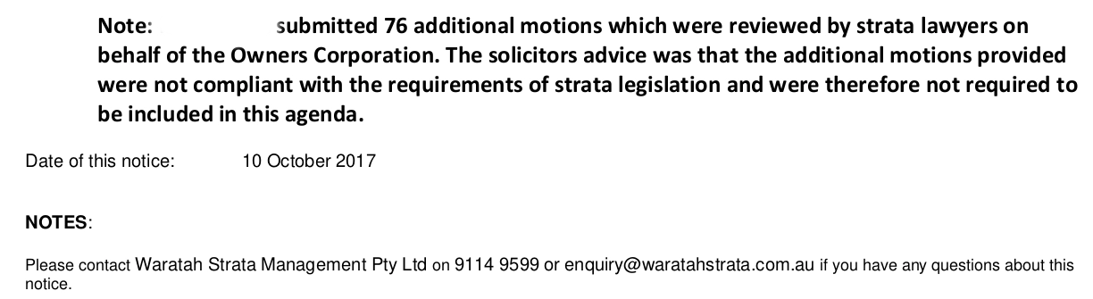 SP52948-agenda-for-general-meeting-showing-that-Solicitor-Adrian-Mueller-examined-and-personally-prevented-76-Motions-by-Lot-158-10Oct2017.webp