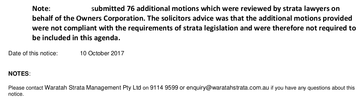 SP52948-agenda-for-general-meeting-showing-that-Solicitor-examined-and-personally-prevented-76-Motions-by-Lot-158-10Oct2017